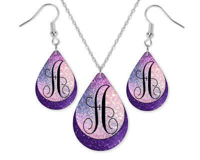 Ombre Blue and Purple Monogrammed Teardrop Earrings and Necklace Set