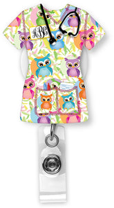 Owl Scrubs Monogram Badge Reel - Sew Lucky Embroidery