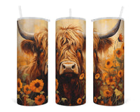 Painted Fall Highland Cow 20 oz insulated tumbler with lid and straw - Sew Lucky Embroidery