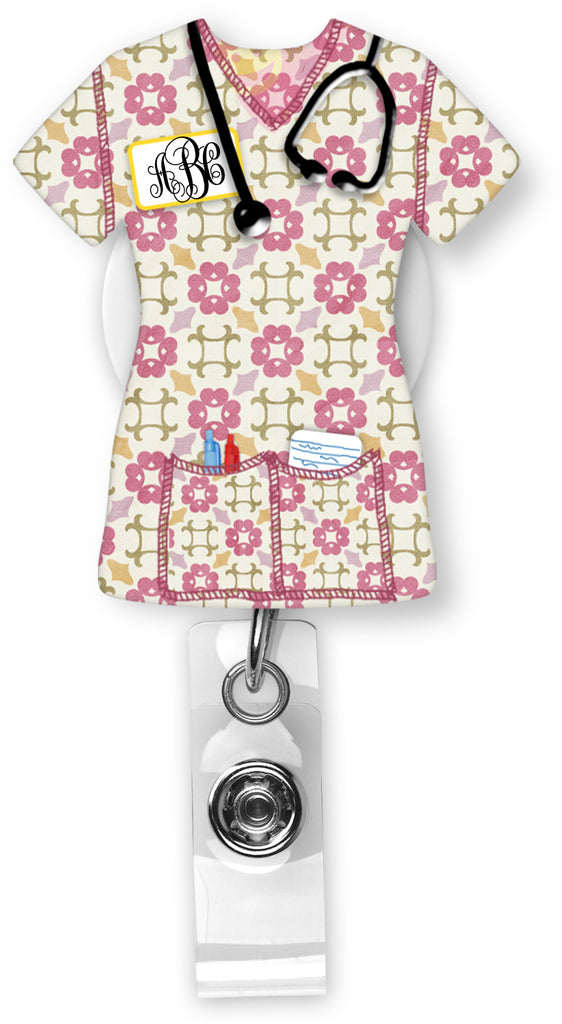 Pink Floral Scrubs Monogram Badge Reel - Sew Lucky Embroidery