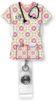 Pink Floral Scrubs Monogram Badge Reel - Sew Lucky Embroidery