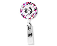 Pink Floral Monogram Badge Reel - Sew Lucky Embroidery