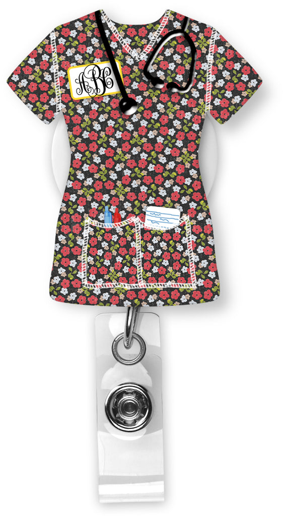 Red and White Floral Scrubs Monogram Badge Reel - Sew Lucky Embroidery