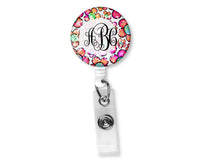 Pink and Orange Floral Monogram Badge Reel - Sew Lucky Embroidery