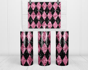 Pink and Black Argyle  20 oz insulated tumbler with lid and straw - Sew Lucky Embroidery