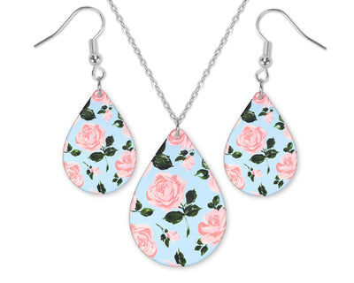 Pink Roses Teardrop Earrings and Necklace Set