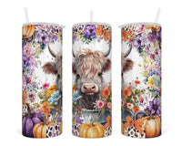 Pumpkin Boarder Fall Highland Cow 20 oz insulated tumbler with lid and straw - Sew Lucky Embroidery