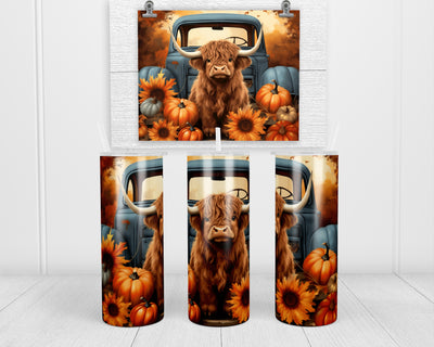 Pumpkin Truck Highland Cow 20 oz insulated tumbler with lid and straw