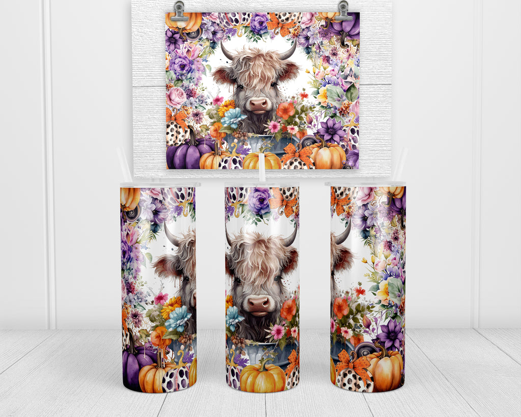 Pumpkin Boarder Fall Highland Cow 20 oz insulated tumbler with lid and straw - Sew Lucky Embroidery