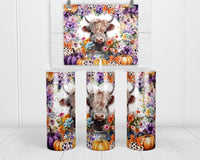 Pumpkin Boarder Fall Highland Cow 20 oz insulated tumbler with lid and straw - Sew Lucky Embroidery