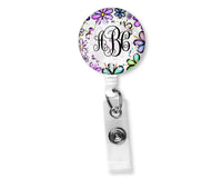 Purple Blue and Green Floral Monogram Badge Reel - Sew Lucky Embroidery