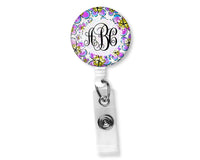 Purple Blue and Yellow Floral Monogram Badge Reel - Sew Lucky Embroidery