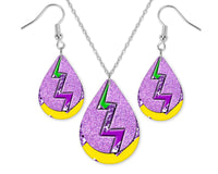 Purple Lightning Bolt Teardrop Earrings and Necklace Set - Sew Lucky Embroidery
