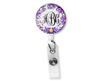 Purple and Blue Floral Monogram Badge Reel - Sew Lucky Embroidery