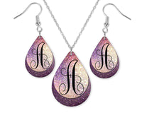Purple Glitter Monogrammed Teardrop Earrings and Necklace Set - Sew Lucky Embroidery