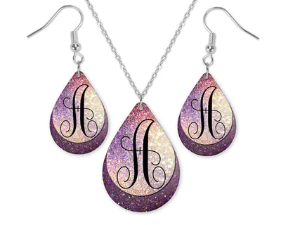 Purple Glitter Monogrammed Teardrop Earrings and Necklace Set