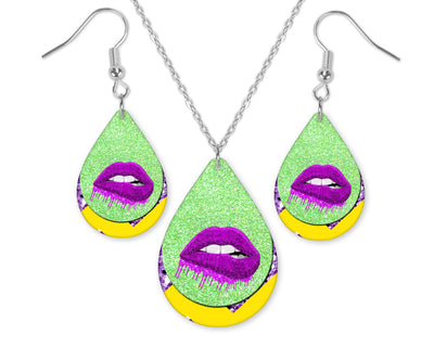 Purple Lips Teardrop Earrings and Necklace Set