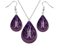 Purple Smudge Monogrammed Teardrop Earrings and Necklace Set - Sew Lucky Embroidery