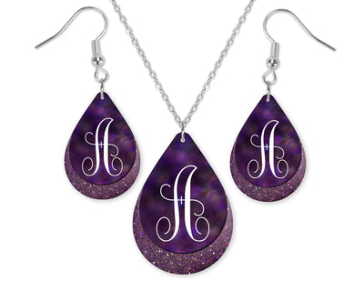 Purple Smudge Monogrammed Teardrop Earrings and Necklace Set