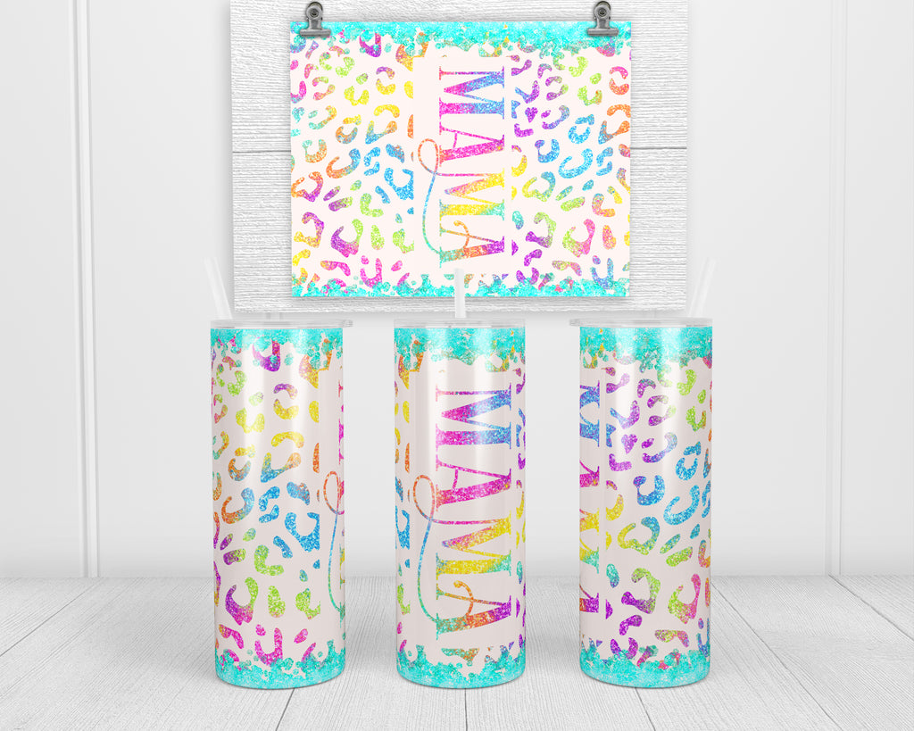 Rainbow Leopard Mama 20 oz insulated tumbler with lid and straw - Sew Lucky Embroidery