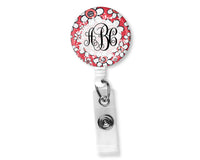Red Floral Monogram Badge Reel - Sew Lucky Embroidery