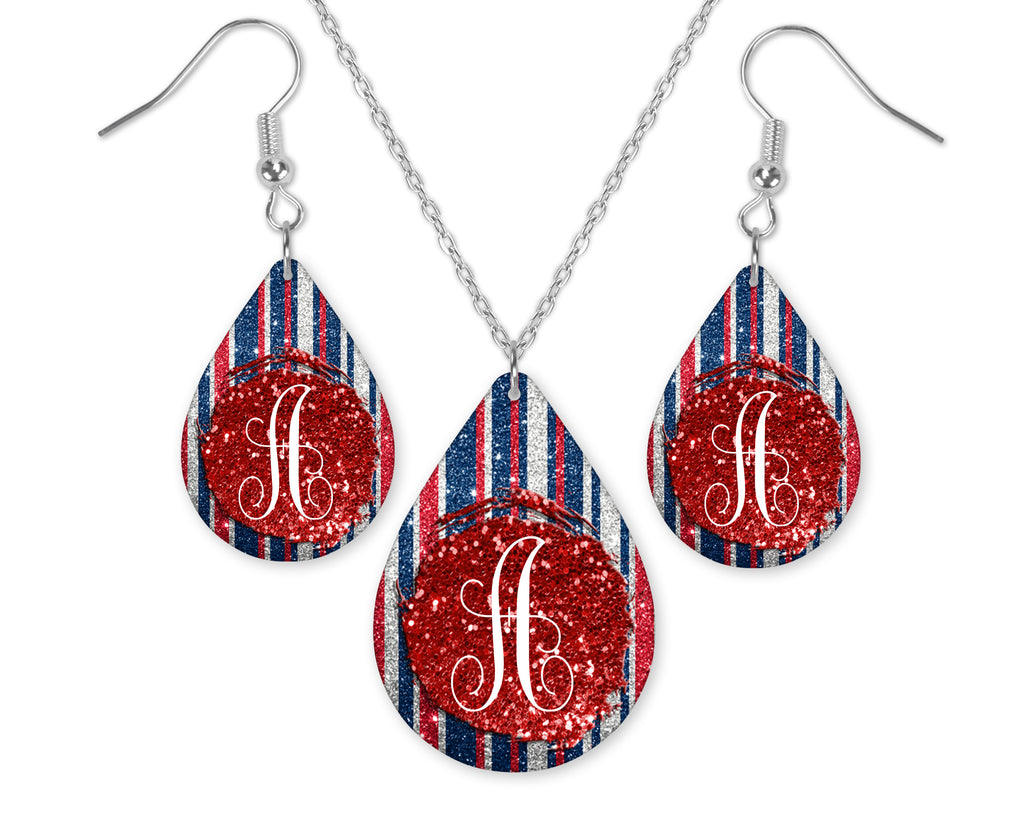 Red White and Blue Glitter Monogram Teardrop Earrings and Necklace Set - Sew Lucky Embroidery