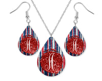Red White and Blue Glitter Monogram Teardrop Earrings and Necklace Set - Sew Lucky Embroidery