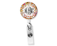 Red and Yellow Floral Monogram Badge Reel - Sew Lucky Embroidery