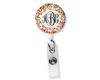 Red and Yellow Floral Monogram Badge Reel - Sew Lucky Embroidery