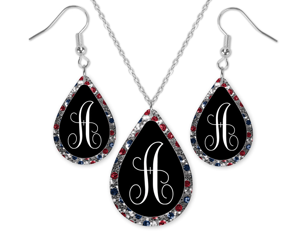 Red and Blue Diamonds Monogram Teardrop Earrings and Necklace Set - Sew Lucky Embroidery