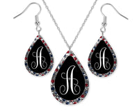 Red and Blue Diamonds Monogram Teardrop Earrings and Necklace Set - Sew Lucky Embroidery