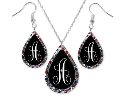 Red and Blue Diamonds Monogrammed Teardrop Earrings and Necklace Set