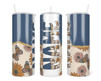 Retro Blue Butterflies Personalized 20oz Insulated Tumbler with Lid and Straw - Sew Lucky Embroidery