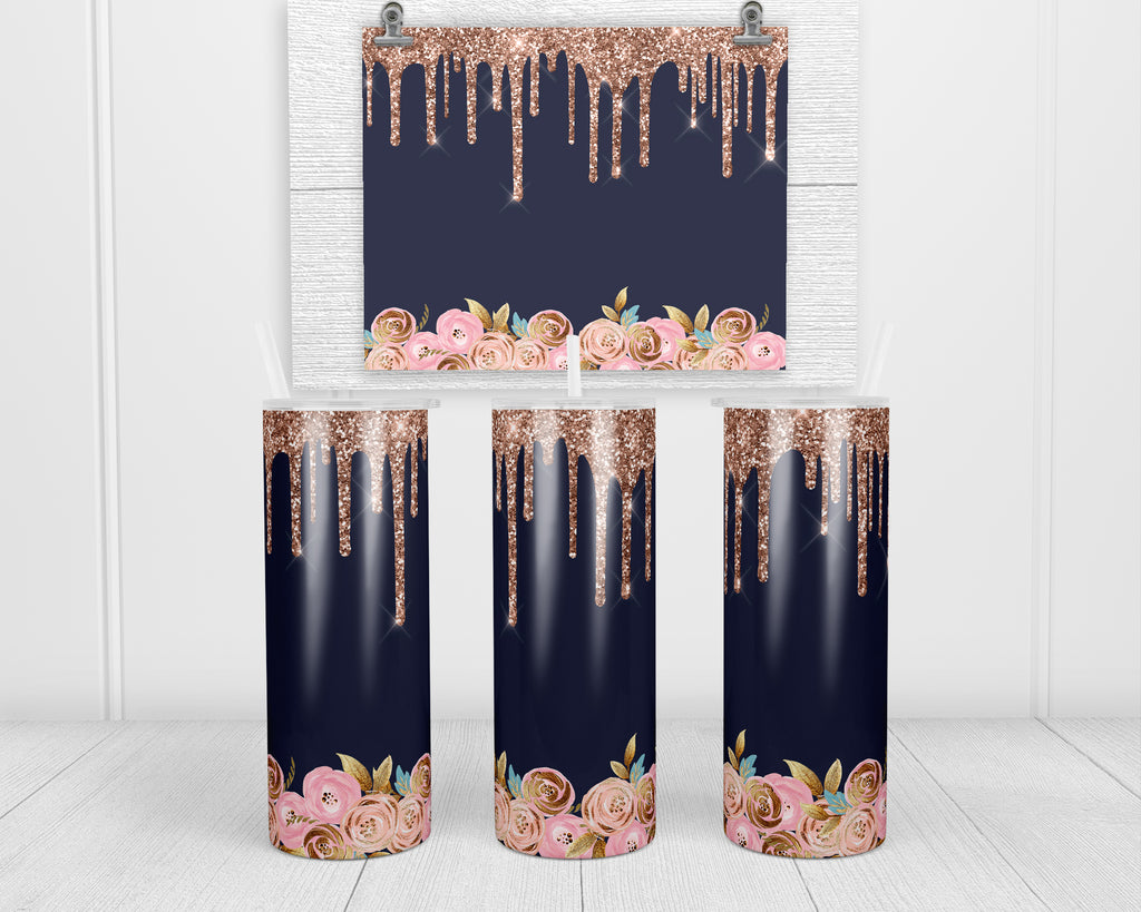 Rose Gold Drip with Floral 20 oz insulated tumbler with lid and straw - Sew Lucky Embroidery