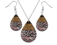 Rose Gold Leopard Teardrop Earrings and Necklace Set - Sew Lucky Embroidery