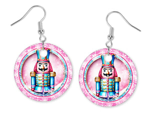 Round Nutcracker Pink with Snowflakes Christmas Earrings - Sew Lucky Embroidery