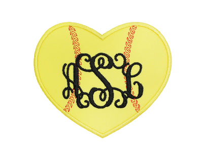 Softball Heart Monogram Sew or Iron on Embroidered Patch