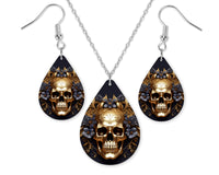 Spooky Golden Skull Earrings and Necklace Set - Sew Lucky Embroidery