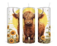 Sunflower Highland Calf 20 oz insulated tumbler with lid and straw - Sew Lucky Embroidery