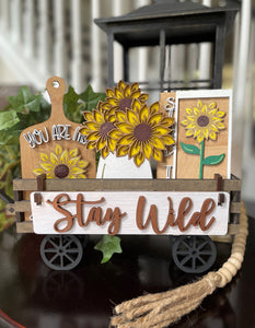 Sunflowers Handmade Wood Wagon Interchangeable Decor Set - Sew Lucky Embroidery