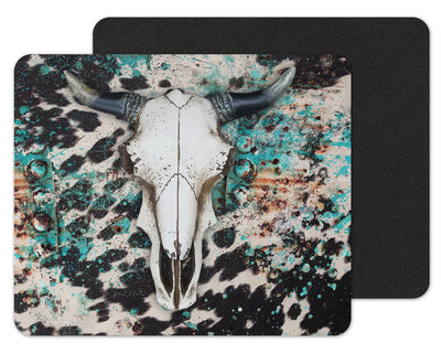Teal Cow Print Bull Skull Mouse Pad