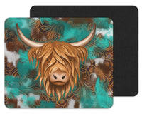 Teal Stained Faux Leather Highland Cow Mouse Pad - Sew Lucky Embroidery