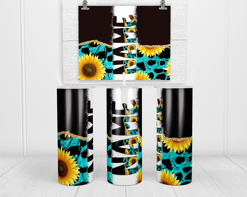 Teal Leopard and Sunflowers Personalized 20oz Insulated Tumbler with Lid and Straw - Sew Lucky Embroidery