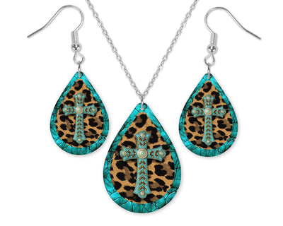 Turquoise Cross and Leopard Earrings and Necklace Set