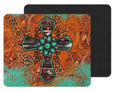 Turquoise Leather and Cross Mouse Pad