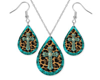 Turquoise Cross and Leopard Earrings and Necklace Set - Sew Lucky Embroidery