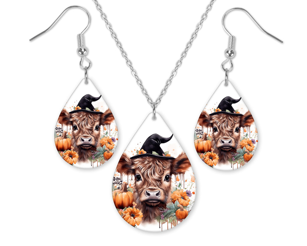 Watercolor Halloween Highland Calf Earrings and Necklace Set - Sew Lucky Embroidery