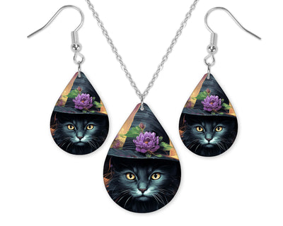 Witchy Cat Earrings and Necklace Set