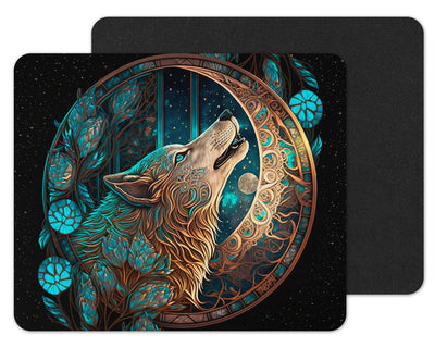 Teal Stained Glass Wolf Mouse Pad