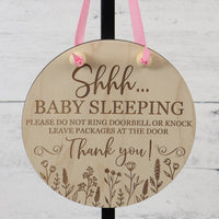 Shhhh Baby Sleeping Door Hanger for Boy or Girl with Pink or Blue Ribbon - Sew Lucky Embroidery